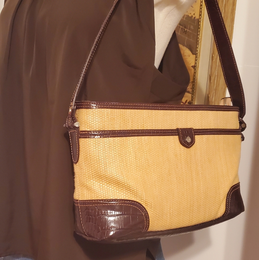 Etienne Aigner Vintage Straw with Crocs Brown Leather Trim  Satchel Bag-